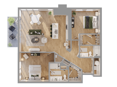 a 3d rendering of a floor plan of a house at Bemiston Place Apartments, Clayton Missouri